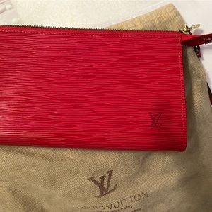 Authentic Louie Vuitton red Epi Pochette with gold tone hardware